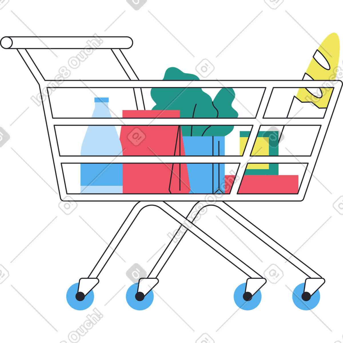 Shopping cart with groceries illustration in Boba style download in PNG, SVG