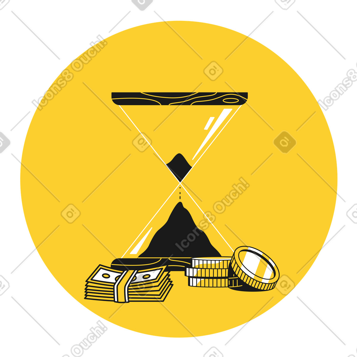 Financial time management, hourglass with money bills and coins illustration in Taxi style download in PNG, SVG