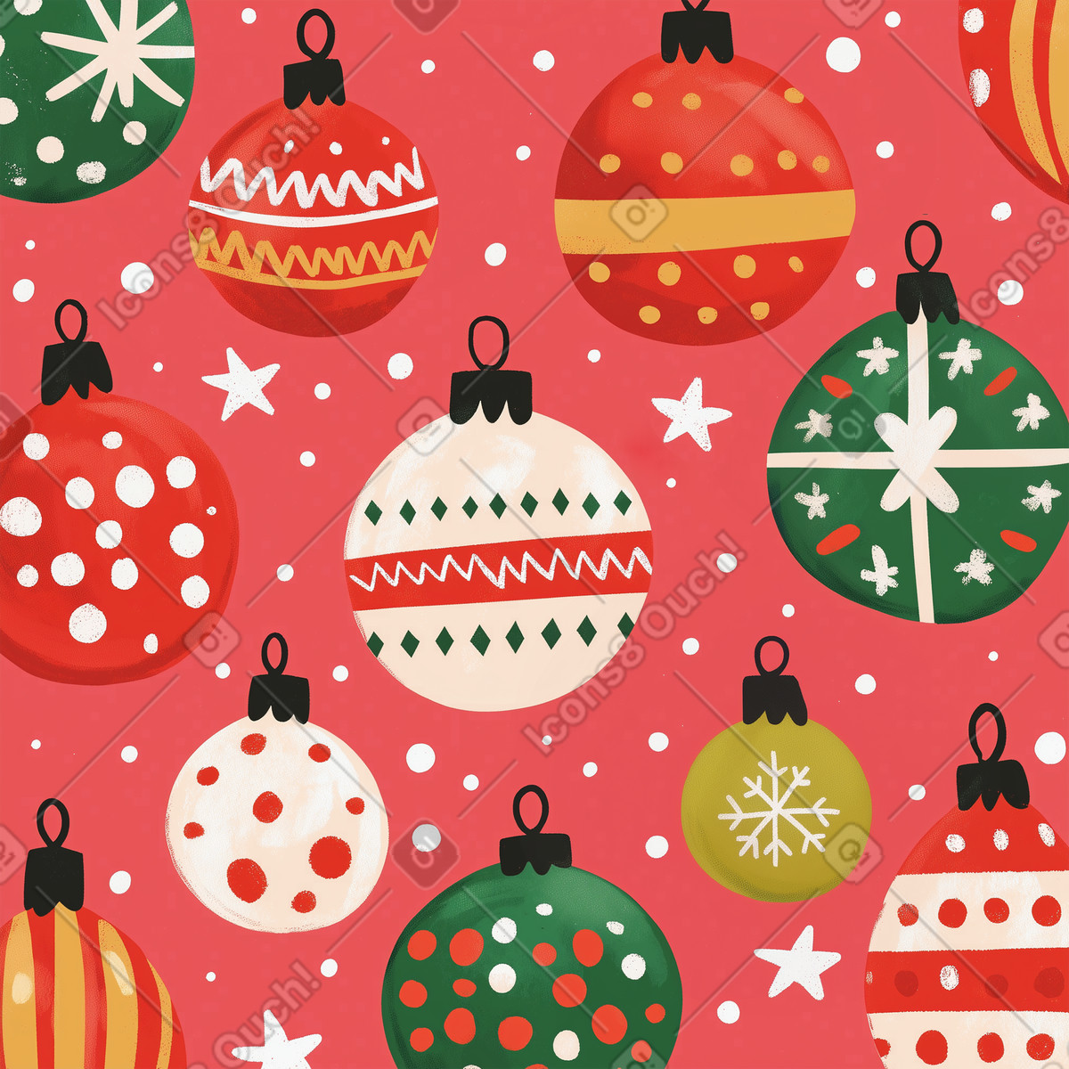 Christmas ornaments and stars seamless pattern, Winter holiday background illustration in Postcards style download in PNG, SVG