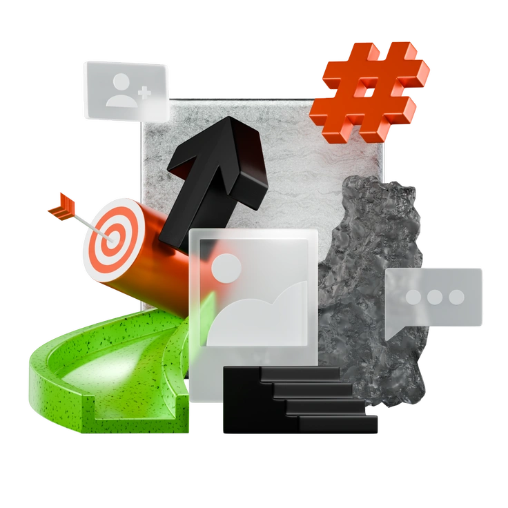 Abstract shapes and symbols representing growth and communication - 3D Platforms style illustration