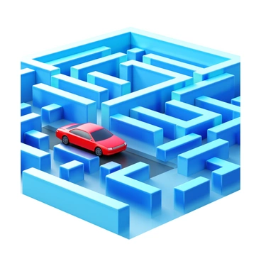 A sleek car maneuvering through a maze constructed of reflective surfaces. The walls of the maze are made from glass-like materials, creating distorted reflections of the car as it navigates the path. The environment is filled with intricate angles and shapes, causing the reflections to warp and bend. The car is shown in motion, highlighting its speed and agility in the complex maze setup.