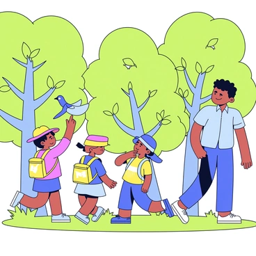 An atsem walking alongside a group of three children in a green forest. The atsem is wearing a light blue shirt and has a friendly expression. The children are wearing colorful hats and carrying small backpacks. They are looking up at the tall trees with bright green leaves. One child is pointing at a bird perched on a branch, while another is bending down to examine a colorful flower on the forest floor. Sunlight filters through the leaves, creating dappled patterns on the ground.