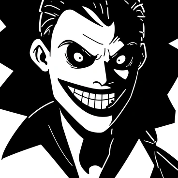 A close-up of a character with a "sinister grin" revealing sharp teeth. The character's "glowing eyes" are piercing, casting an eerie light. Shadows accentuate the contours of the face, emphasizing the cheekbones and a furrowed brow. The background is dark, enhancing the focus on the character's expression and features.
