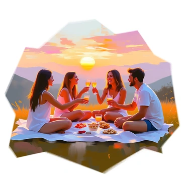 A scenic hilltop setting where a group of friends are gathered, each holding drinks and engaged in cheerful conversation. They are sitting on a soft blanket spread across the grass, with a glowing sunset in the background casting warm hues of orange and pink across the sky. Some friends are laughing, while others are raising their glasses in a toast. A few snacks are placed on the blanket, and the silhouettes of distant hills are visible against the colorful sky. The atmosphere is relaxed and joyful.