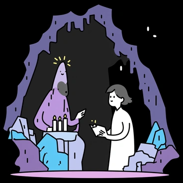 A dark cave with walls adorned with soft glowing crystals in varying shades of blue and purple. The crystals emit a gentle light that illuminates the space. In the center, a preacher stands, wearing a long white robe, reading from a book of scriptures. The soft flickering of candlelight casts shadows on the cave walls. The preacher’s expression is calm and focused, with several candles placed around him, providing warm light.