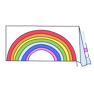 A piece of white paper displays a vibrant rainbow. The rainbow is divided in half, with the left side showcasing colors created using illustration markers, which appear bold and vivid. The right side features the same colors rendered in alcohol markers, providing a softer and smoother appearance. The colors flow seamlessly into each other, creating a harmonious blend at the center where the two sides meet.