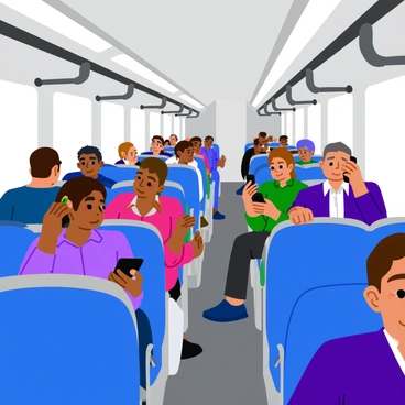 A crowded bus filled with office workers wearing business attire. Some individuals are sitting while others are standing, holding onto the overhead straps. Several people are looking at their phones, displaying bright screens. A few workers have their heads leaned against the windows, dozing off with closed eyes. The bus interior displays typical features such as grab bars and blue seats. Light filters in through the windows, casting shadows on the floor.