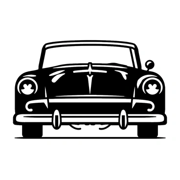 A classic car from the 1950s depicted in a detailed black ink drawing, showcasing its distinctive curves, chrome accents, and retro features like tail fins and round headlights.