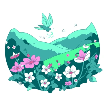 A teal valley is filled with vibrant flowers in a variety of shapes and sizes, creating a colorful landscape. Among the flowers, small magical creatures with delicate wings are frolicking playfully. Some of these creatures are perched on the petals while others are floating in the air, leaving shimmering trails behind them. In the background, the gentle hills are adorned with patches of colorful greenery, enhancing the enchanting atmosphere of the scene.