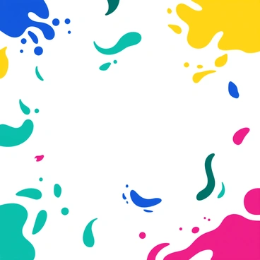 A vibrant and colorful abstract pattern featuring splashes of paint in various hues, including blue, pink, yellow, and green. The design includes swirling shapes and dynamic lines that overlap and intertwine, creating a sense of movement. Small paintbrush strokes and splatters are scattered throughout the composition, adding texture and depth. The overall effect is lively and energetic, perfect for a creative arts supplies brand.