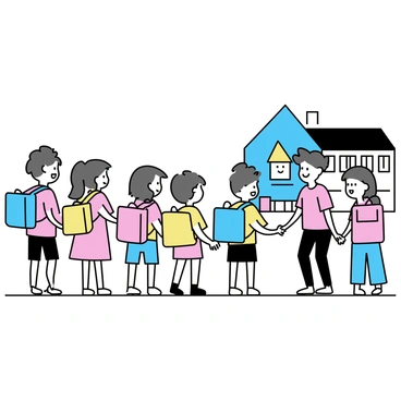A group of children is lined up outside a coastal school, preparing for a tsunami evacuation drill. They are wearing brightly colored backpacks and casual clothes. Some children are holding hands with each other, while others are paying attention to a teacher who is giving instructions. The school building is visible in the background, with a clear blue sky above. The children show a mix of excitement and seriousness as they participate in the drill.
