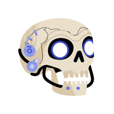 A skull with a shiny metallic surface, incorporating intricate robotic features such as gears and wires. The skull has glowing blue eyes that emit a bright light, giving it a striking presence. There are various mechanical components attached to the sides of the skull, including small sensors and lights, enhancing its futuristic appearance. The background is simple to keep the focus on the skull itself.