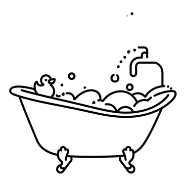 A bathtub is filled to the brim with water, and bubbles are overflowing from the edges. The bubbles are varied in size, creating a soft, rounded texture. The surface of the water reflects the shapes of the bubbles above. The bathtub has a classic design with clawfoot legs and ornate detailing. A faucet is seen above, with water cascading into the tub, and a few bubbles are captured mid-air as they float away. A rubber duck is perched on the edge of the tub, adding an element of fun.
