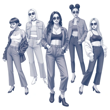 Aaliyah is depicted as a fashion pioneer, standing confidently in the center. Surrounding her is a collage of her trendsetting outfits over the years. Each outfit showcases distinct styles, including baggy pants, crop tops, and stylish jackets. The textures of the fabrics are detailed, with elements like denim, leather, and silk. Accessories such as chokers, oversized sunglasses, and platform shoes are prominently featured. Her hair is styled in various iconic looks she wore throughout her career, enhancing the visual representation of her influence in fashion. The background features a minimalistic design that accentuates her presence and the outfits.