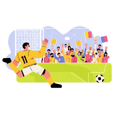 A character with a determined expression is kicking a soccer ball towards the goal. The soccer ball is in mid-air, heading straight for the net. The character is wearing a bright uniform with distinct patterns and number on the back. In the background, a group of animated fans are cheering enthusiastically, waving colorful flags and holding banners. The scene is filled with various details, like vibrant green grass on the field and a clear blue sky above.