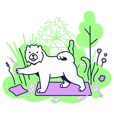 A chow chow is positioned on a colorful yoga mat, demonstrating various yoga poses. The dog has fluffy fur and a distinct mane around its face, giving it a regal appearance. Surrounding the chow chow, there is a tranquil garden setting filled with green grass and a variety of plants and flowers. The garden features a few tall trees casting dappled shade on the mat. In the background, a small stone pathway winds through the garden, enhancing the peaceful atmosphere. The scene is filled with vibrant elements, showcasing the chow chow's playful spirit as it engages in yoga.