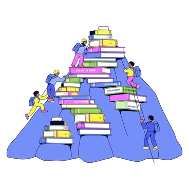 A mountain made entirely of books stacked in various colors and sizes, with the spines displaying titles in different languages. The books are arranged to form a steep, rocky slope leading up to the summit. Several climbers are seen scaling the mountain, each wearing backpacks and climbing gear. A few climbers are reaching for the next book, while others are pulling themselves up with ropes. The scene captures a sense of adventure and exploration amidst the literary landscape.