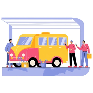 A group of four people are working on a jeepney inside an open garage. The jeepney is painted in bright yellow and red colors, with decorative patterns along the sides. One person is crouched under the vehicle, examining the undercarriage, while another is holding a wrench in the front, adjusting the engine. A third person is standing beside a toolbox, organizing various tools. The fourth individual is inspecting one of the shiny wheels. Sunlight streams in through the open garage door, illuminating the scene and casting shadows on the concrete floor.