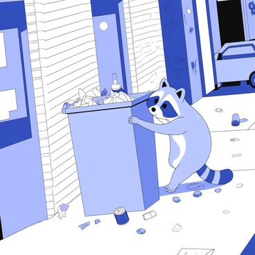 A raccoon is scavenging through a bin at the edge of an urban alleyway. The raccoon has a distinctive masked face with gray fur and black markings around its eyes. Its paws are reaching into the bin, rummaging through discarded food containers and wrappers. The alleyway features brick walls covered in graffiti and scattered debris, including empty soda cans and broken glass. A faint light is illuminating the scene from a nearby streetlamp, casting shadows on the ground. In the background, there are shadowy outlines of parked cars and a few scattered pieces of cardboard.