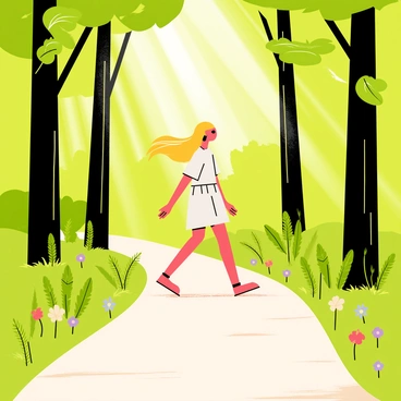 A girl with long flowing hair is walking down a narrow path in a forest. The trees are tall and green, creating a thick canopy above. Sunbeams are filtering through the leaves, casting soft light on the forest floor. The girl is wearing a light dress and her hair sways gently as she walks. Small flowers and ferns line the path, adding splashes of color to the scenery.