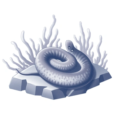 A moray eel is coiled and resting on a rugged rocky outcrop. The eel has a textured, elongated body with small fin features visible along its back. Surrounding the eel, there is an abundance of seaweed swaying gently in the water current, creating a natural movement in the scene. The rocky surface is detailed with various shapes and crevices, contributing to the underwater environment. The overall composition captures the serene habitat of the moray eel among the aquatic flora.
