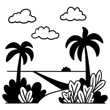 A tropical landscape with tall palm trees swaying in the breeze. In the sky above, clouds shaped like "durian" fruits float playfully, their spiky shapes contrasting against the soft forms of other clouds. The ground is lush with vibrant vegetation, including large green leaves and colorful flowers. A small path winds through the landscape, leading to a distant beach visible on the horizon.