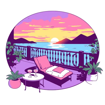 A luxurious balcony is adorned with ornate railings, overlooking a tranquil body of water. The sun is setting, casting a warm glow across the horizon. Vibrant colors fill the sky, transitioning from deep orange to soft yellow as the sun sinks further. The water reflects these colors, creating a shimmering effect. On the balcony, there are comfortable lounge chairs with plush pillows positioned for viewing the sunset. A small table holds two elegant glasses, capturing the moment of relaxation. Green potted plants flank the balcony corners, adding a touch of nature to the scene.