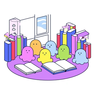 Peeps sitting quietly in a cozy library, surrounded by stacks of books