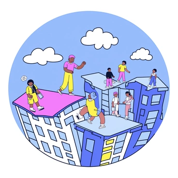 A cityscape featuring buildings that are inverted, with their rooftops facing the ground. The structures have various designs, such as modern glass facades and traditional brick exteriors. People are depicted walking on the ceilings, some engaged in activities like chatting or carrying bags, while others look up in surprise. The sky is visible above them, with fluffy white clouds scattered across a bright blue background.