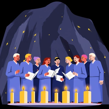 A diverse choir with members of varying ages and ethnicities is positioned in a large, echoing cave. They are dressed in matching deep blue robes. Candles of different heights are placed in a semi-circle around the choir, casting a warm, flickering light. The cave walls are rugged and dark, with patches of glowing minerals reflecting the candlelight. The choir members are all engaged in singing, with some holding sheet music. Their expressions show concentration and harmony, while the sound resonates throughout the cave.