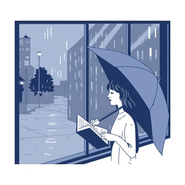 A person with an umbrella is standing by a large bookstore window, engrossed in reading a book. The window is foggy with droplets of rain cascading down the glass, creating a blurred view of the outside world. Outside, the pavement is wet, reflecting the dim light from nearby street lamps. The bookstore interior is warmly lit, contrasting with the cool, gray atmosphere outside. The person's clothing is casual, and they have short hair. The book's cover is partially visible, displaying an intriguing title.