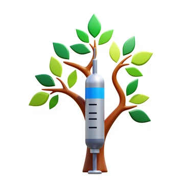 A syringe with a metallic finish, its body slowly transforming into a tree trunk. Branches extend outward from the syringe, adorned with vibrant green leaves. The leaves exhibit a range of shades, from deep emerald to bright lime. The branches curve elegantly, enhancing the organic appearance. Sunlight filters through the leaves, creating intricate patterns of light and shadow on the syringe's surface. The overall composition showcases the juxtaposition of medical and natural elements harmoniously intertwined.