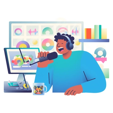 A radio host with light brown skin and short, curly black hair is speaking animatedly into a large microphone. They are wearing a bright blue shirt and black headphones. The studio is filled with various pieces of equipment, including mixing boards and monitors displaying sound waves. Behind the host, there are shelves lined with colorful vinyl records and acoustic panels adorning the walls. A mug with a fun design is placed on the desk next to the microphone, and soft lighting fills the room, creating a warm atmosphere.