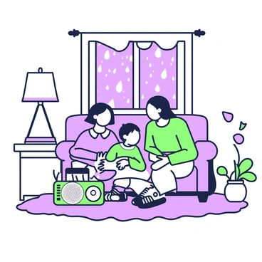 A family is gathered in a cozy living room on a rainy evening. They are sitting comfortably on a plush rug, with a vintage radio placed on a wooden side table in front of them. The radio has a classic design, featuring knobs and a mesh speaker cover. A young boy is leaning forward, captivated by the story being broadcast, while a girl beside him is holding a blanket. The parents are seated on an old-fashioned couch, sharing smiles and enjoying the moment together. Outside the window, raindrops are falling, creating ripples on the glass, while soft lighting from a lamp casts a warm glow over the scene.