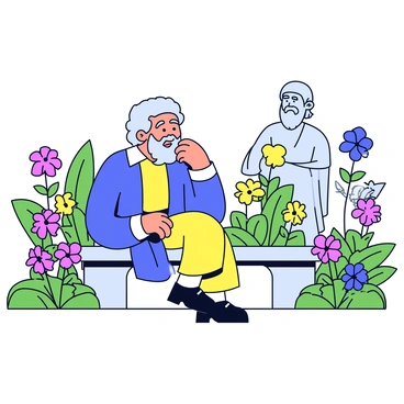 A philosopher with a contemplative expression sits on a stone bench in a garden. The philosopher has a long beard and is wearing a traditional robe. Around him are various statues of classical figures, each placed among vibrant flowers of different colors. The flowers are blooming beautifully, adding a touch of life to the scene. Lush greenery surrounds the area, enhancing the tranquil atmosphere. The philosopher gazes thoughtfully at a nearby statue, deep in concentration.