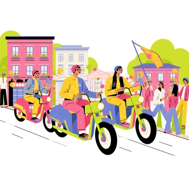 A group of bikers dressed in colorful outfits is riding through a small town. The bikers are on various types of motorcycles, showcasing vivid patterns and bright colors on their clothing. The town features small brick buildings, some adorned with flower boxes, and the street is lined with cheering spectators. People are waving flags and holding colorful banners as the bikers pass by. Sunlight brightens the scene, highlighting the excitement of the parade.