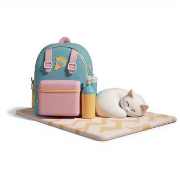 A colorful school bag, with various patches and a water bottle attached, is sitting on a soft, plush carpet. Next to the bag, a fluffy white cat is curled up, its eyes closed and body relaxed, resting peacefully. The carpet has a warm, inviting pattern that adds to the coziness of the scene. The sunlight softly illuminates the area, casting gentle shadows.