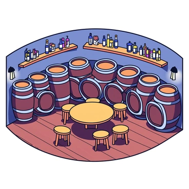 A cozy wine barrel room with dim lighting and wooden decor