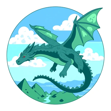 A teal dragon with shimmering scales is soaring through a blue sky filled with fluffy white clouds. The dragon's wings are spread wide, revealing intricate patterns that catch the sunlight. Below the dragon, a vast landscape stretches out, dotted with green mountains and sparkling blue rivers. The dragon's fierce eyes are focused ahead as it glides gracefully through the air.