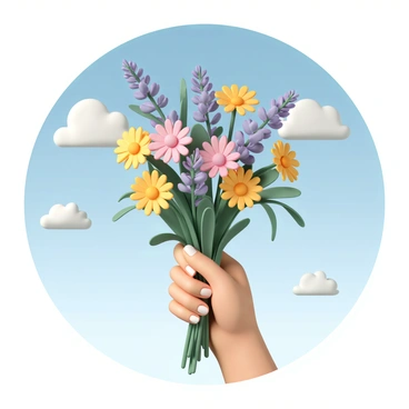 A hand, with neatly manicured nails, is holding a vibrant bouquet of wildflowers. The bouquet consists of various flowers in bright colors, including yellow daisies, purple lupines, and pink clovers, intertwined with green stems and leaves. The background features a clear blue sky with a few fluffy white clouds scattered throughout. The sunlight casts a warm glow on the flowers, highlighting their vivid colors and textures.