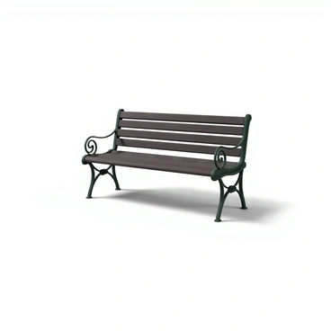 A solitary park bench made of dark wood, featuring a slatted seat and ornate metal armrests. The bench is positioned in the center of the image, casting a soft shadow on the ground beneath it. The background is completely blank, providing a stark contrast that emphasizes the simplicity and isolation of the bench.