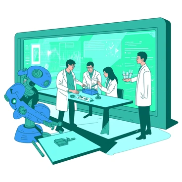 A teal futuristic lab filled with advanced technology and bright, sleek surfaces. In the center, a group of scientists wearing white lab coats are gathered around a transparent interactive screen displaying complex data and holograms. To the left, a blue robot with articulated limbs is assembling a small device, its mechanical hands working precisely. On the right, another robot is assisting a scientist by holding test tubes filled with luminous liquids. The lab is illuminated by soft lights, creating a vibrant atmosphere filled with innovation and collaboration.