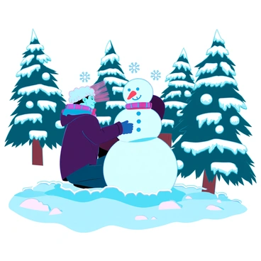 A man with a hairstyle similar to Kim Jong Un, dressed in a dark winter coat and a fur hat, is building a snowman in a snowy park. The ground is covered in a thick layer of snow, and large snowflakes gently fall from the sky. The snowman is round and has a carrot for a nose, with coal for eyes and a scarf wrapped around its neck. Surrounding him are tall evergreen trees, their branches heavy with snow, creating a winter wonderland atmosphere. The man is focused on the snowman, shaping its body with his hands.