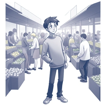 A character with "shifty eyes" stands in a bustling market filled with various stalls and shoppers. The character has a tense expression, conveying "nervous" and "apprehensive" emotions. Surrounding them are colorful displays of fruits and vegetables, with people moving about, engaged in conversations and transactions. The character's posture is slightly hunched, as if trying to blend into the crowd while glancing around anxiously. The atmosphere is lively, with close-up details of market goods and the busy activity of the people around.