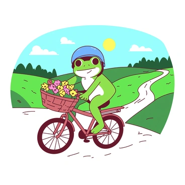 A green frog wearing a tiny blue helmet is riding a bicycle along a winding country road. The bicycle is adorned with a wicker basket at the front, filled with an assortment of colorful flowers in shades of yellow and pink. The road is surrounded by lush green fields and a few trees scattered in the distance. The sky above is clear with a bright sun shining down on the scene, illuminating the vibrant colors of the flowers in the frog's basket. The frog is smiling with its eyes wide open, enjoying the ride.