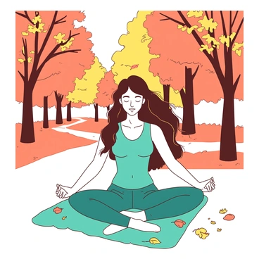 A woman in a teal yoga outfit is sitting cross-legged on a blanket in a park filled with vibrant orange and yellow autumn leaves. She has long flowing hair and is focused on her meditation, with her eyes closed and hands resting on her knees. Surrounding her are trees with branches adorned with colorful leaves, creating a warm and inviting atmosphere. Some leaves gently fall around her, and in the background, a pathway can be seen winding through the park.
