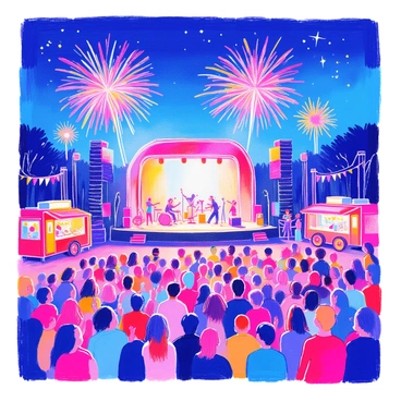 An outdoor music festival takes place at night under a deep blue sky. The stage is brightly lit, showcasing colorful lights illuminating the performers as they play. Large speakers are positioned around the stage, and there are various musical instruments visible. In the background, vibrant fireworks explode in a cascade of colors, lighting up the night sky. The audience is gathered in front of the stage, some dancing and others with raised hands, enjoying the performance. Food trucks and stalls are set up around the perimeter, adding to the festive atmosphere.