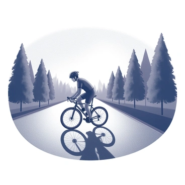 A cyclist is positioned in profile, pedaling along a straight road. The cyclist is wearing a helmet and cycling attire. The road is surrounded by trees flanking both sides, with the sun setting in the background, casting elongated shadows. The sky is filled with a gradient of tones, transitioning from dark to light as it meets the skyline. The cyclist's movement creates a sense of dynamic energy, while the road's surface appears smooth and well-maintained.