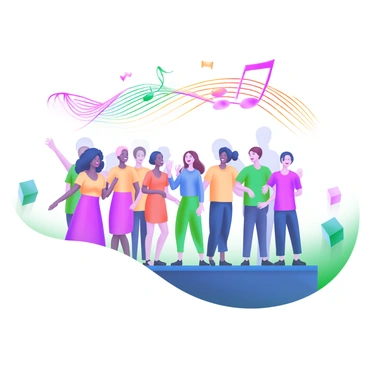 A modern pastel illustration depicting a choir of diverse singers standing together on a stage. Each singer is wearing colorful outfits, and they are passionately singing in harmony. Above them, vibrant sound waves are illustrated as colorful arcs and lines intertwining and flowing together, representing the harmonious music. The background features soft pastel colors that enhance the lively atmosphere of the performance.