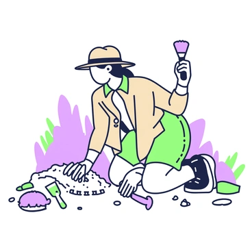 A paleontologist is kneeling on the ground, carefully unearthing a dinosaur fossil from the earth. She is wearing a beige field jacket and a wide-brimmed hat to shield herself from the sun. In her right hand, she holds a small brush, while her left hand is gently scraping the surrounding soil with a tool. The fossil itself is partially exposed and has distinct, textured features resembling bones. Various tools are scattered around her, including a trowel and a small pick. In the background, there are rocky formations that indicate the excavation site. A sense of focus and determination is evident in her posture as she works meticulously.